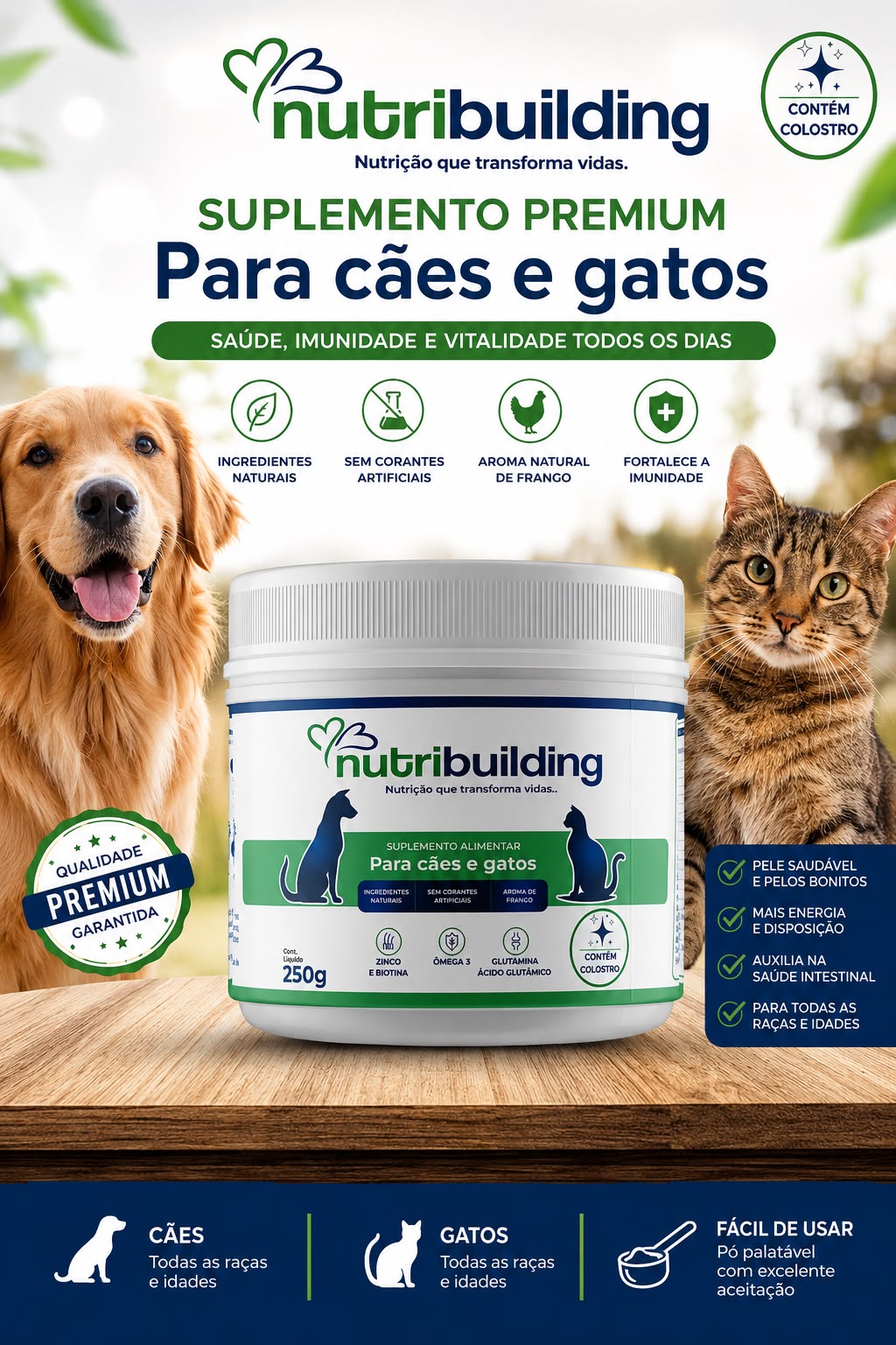 NUTRIBUILDING COM COLOSTRO: SUPLEMENTO PARA CÃES & GATOS 250g - Imagem 2
